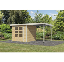 Abri de jardin en bois avec annexe sur pelouse