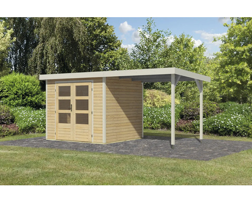 Abri de jardin en bois avec annexe sur pelouse