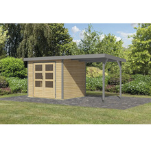 Abri de jardin en bois avec annexe sur pelouse