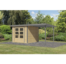 Abri de jardin avec carport en bois sur une pelouse