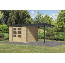 Abri de jardin en bois avec double porte et terrasse couverte