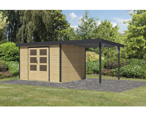 Abri de jardin en bois avec double porte et terrasse couverte