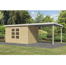 Holzgartenhaus mit Anbau auf Steinboden im Garten