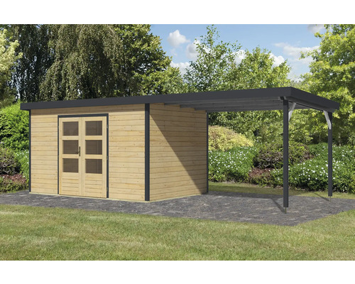 Abri de jardin en bois avec auvent à l''extérieur