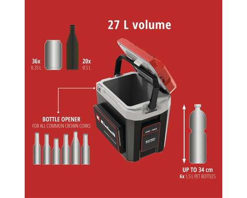 Glacière Einhell avec un volume de 27 litres, un ouvre-bouteille et de la place pour les canettes, les bouteilles et les bouteilles PET