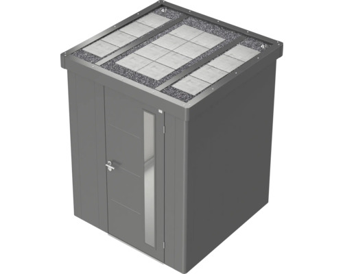 Abri de jardin en métal avec porte et toit végétalisé
