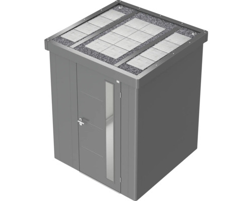 Abri de jardin gris avec toit plat, végétation de toit et porte avec fenêtre