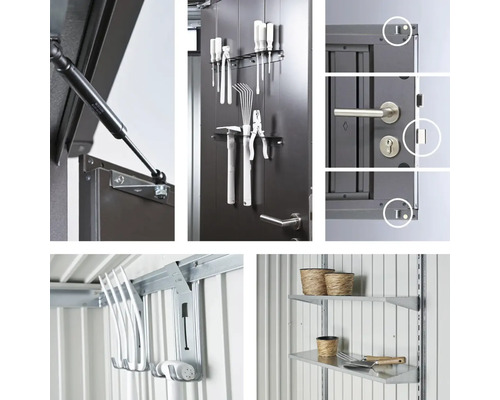 Détails de l''aménagement intérieur d''une remise de jardin: ferme-porte, porte-outils, serrure de porte, porte-outils, étagère