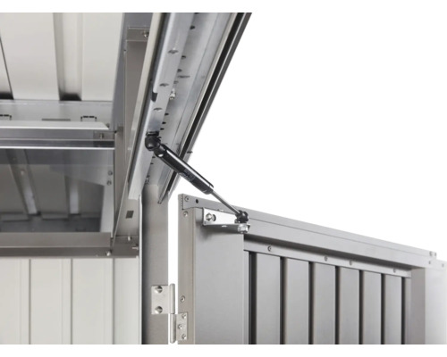 Vue détaillée d''un abri de jardin avec ressort à gaz pour faciliter l''ouverture