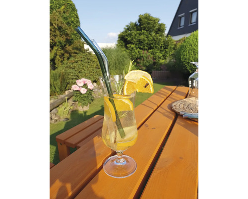 Boisson rafraîchissante avec paille en verre et tranches de citron sur une table de jardin.