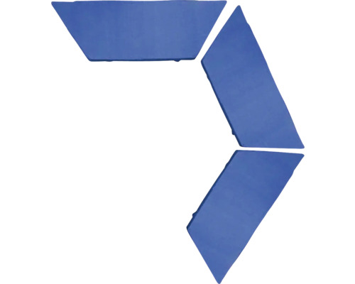 Trois pavés trapézoïdaux bleus en forme de flèche.