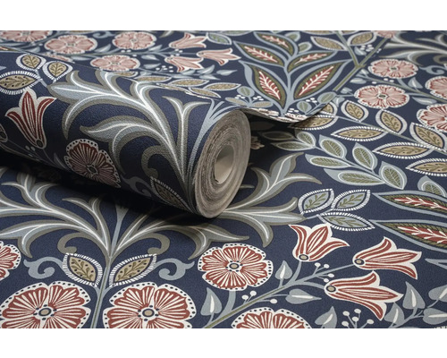 Rouleau de papier peint à motif floral bleu, marron et gris