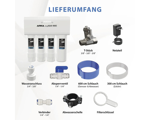 Arka myAqua 1900 Umkehrosmoseanlage Lieferumfang mit Filtern, Schläuchen und Zubehör