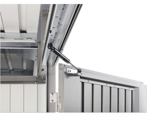 Detailansicht eines Gerätehauses mit Gasdruckfeder