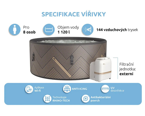 Bain à remous gonflable pour jusqu''à huit personnes avec une capacité de 1120 litres, 144 jets d''air, système antigivre, technologie Rhino-Tech, surface antibactérienne, désinfection UV et application Wi-Fi.
