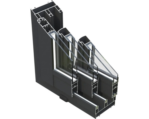 Coupe transversale d''une fenêtre à triple vitrage et cadre en aluminium