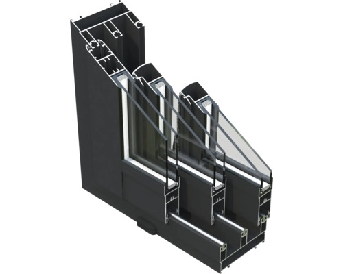 Querschnitt eines Aluminiumfensters mit Dreifachverglasung