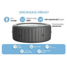 Spécifications du jacuzzi : convient pour six personnes, volume d''eau de 930 litres, 138 jets d''air, unité de filtration intégrée, fonctionnement hivernal, technologie antigivrage, désinfection UV, surface antibactérienne, technologie Rhino-Tech.