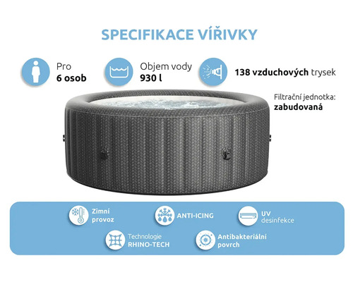 Spécifications du jacuzzi : convient pour six personnes, volume d''eau de 930 litres, 138 jets d''air, unité de filtration intégrée, fonctionnement hivernal, technologie antigivrage, désinfection UV, surface antibactérienne, technologie Rhino-Tech.