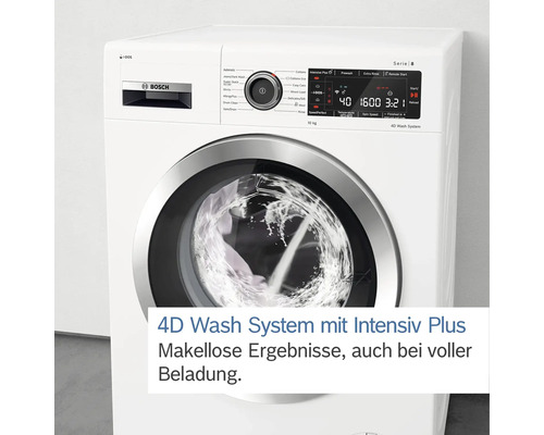 Weiße Bosch Waschmaschine mit digitaler Anzeige und laufender Wäsche