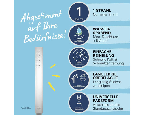 Grohe Handbrause mit Produktinformationen zu Strahlart, Wassersparen, einfacher Reinigung, langlebiger Oberfläche und universeller Passform