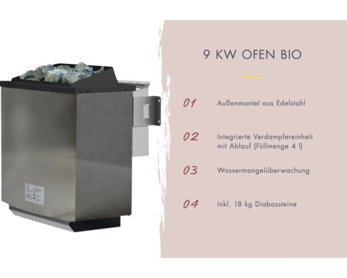 9 Kilowatt Saunaofen Bio mit Steinen und Edelstahl Außenmantel
