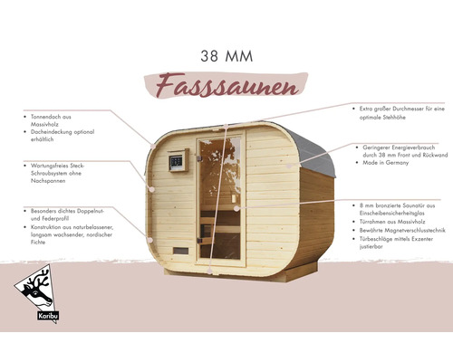 Fasssauna mit Tonnendach aus Massivholz und bronzierter Saunatür