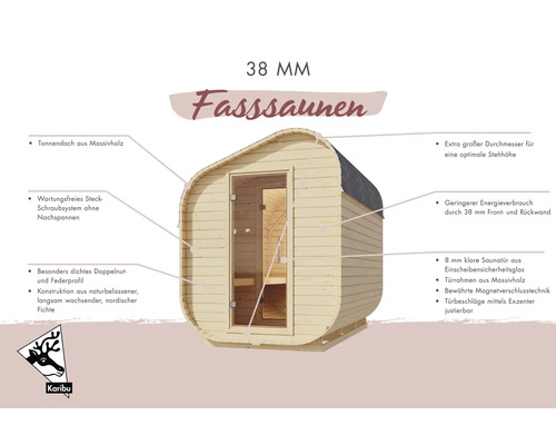 Fasssauna aus Holz mit Glastür und technischen Details
