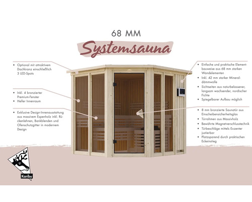 Systemsauna mit Glaselementen und Holzwänden