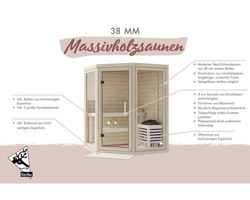 38 Millimeter Massivholzsauna mit Bänken, Fensterelementen und Bodenrost aus hochwertigem Espenholz