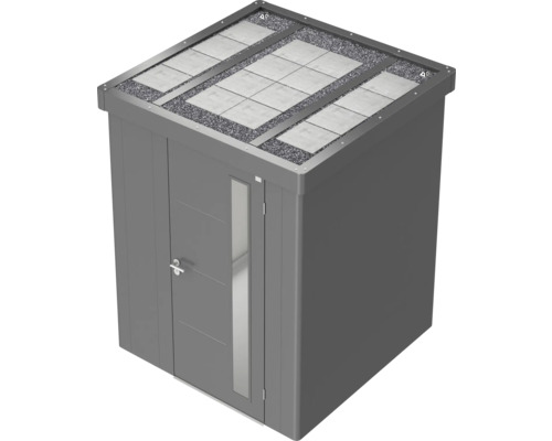 Geräteschuppen mit Flachdach, Dachbegrünung und Tür