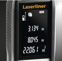 Logo Laserliner. Gros plan d''un télémètre laser avec affichage numérique des résultats de mesure.