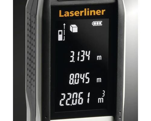 Logo Laserliner. Gros plan d''un télémètre laser avec affichage numérique des résultats de mesure.