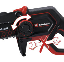 Tronçonneuse à une main Einhell Professional avec flèche indiquant la tension de chaîne sans outil et symbole indiquant qu'aucun outil n'est nécessaire