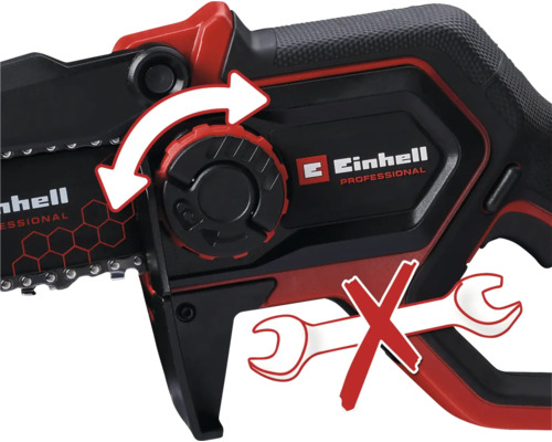 Tronçonneuse à une main Einhell Professional avec flèche indiquant la tension de chaîne sans outil et symbole indiquant qu'aucun outil n'est nécessaire