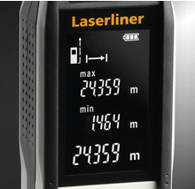 Logo Laserliner. Gros plan d''un télémètre laser avec affichage numérique des données de distance.