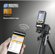 Télémètre laser avec trépied et smartphone avec l''application Laserliner MeasureNote