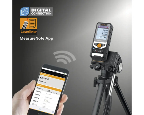 Télémètre laser avec trépied et smartphone avec l''application Laserliner MeasureNote