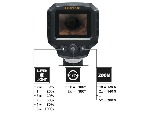 Caméra d''inspection Laserliner avec lumière LED, fonction 180 degrés et fonction zoom.