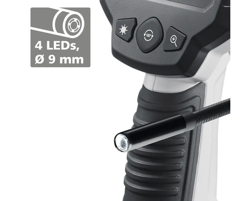 Endoscope avec éclairage LED et éléments de commande pour le contrôle.