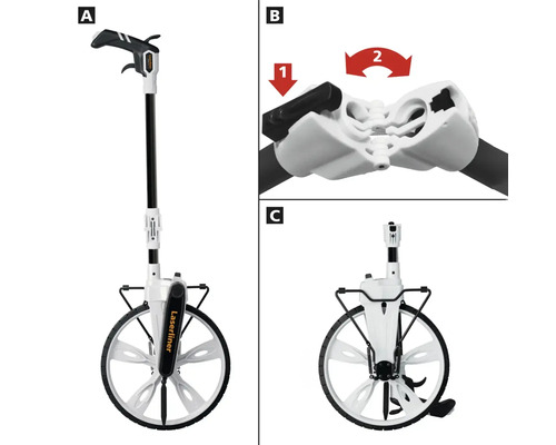 Odomètre à roue en différentes vues : position d’utilisation, détail de la commande et plié.