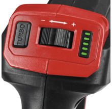 Vue détaillée d''une perceuse avec bouton turbo, réglage de la vitesse et indicateur de niveau de charge