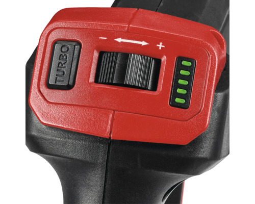 Vue détaillée d''une perceuse avec bouton turbo, réglage de la vitesse et indicateur de niveau de charge