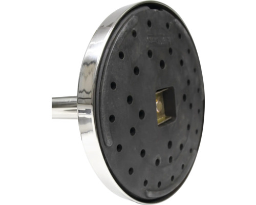 Detailansicht des Fusses eines Badaccessoires aus Metall und Gummi
