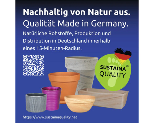 Verschiedene Pflanzgefäße mit dem Sustaina Quality Siegel