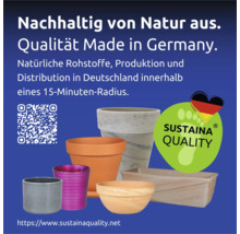 Verschiedene Pflanzgefäße mit dem Sustaina Quality Siegel.
