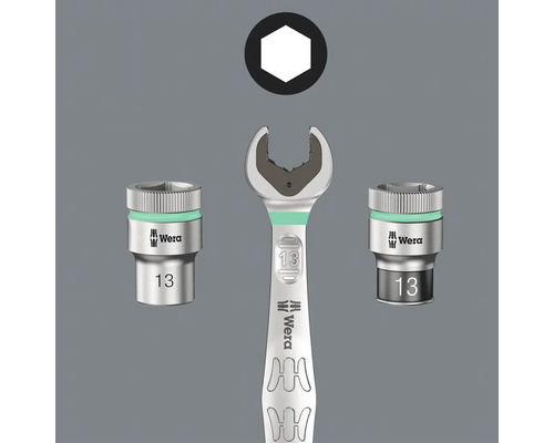 Wera Maulschlüssel mit zwei Steckschlüsseleinsätzen und Sechskantsymbol