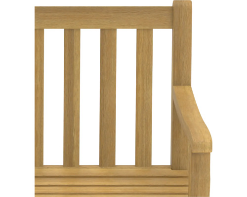 Detailansicht einer Holzbank mit Armlehne