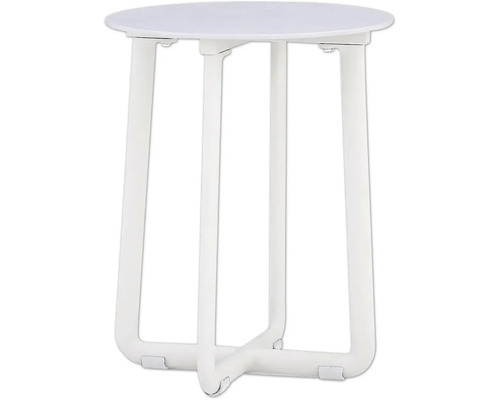 Table d'appoint ronde blanche à trois pieds.