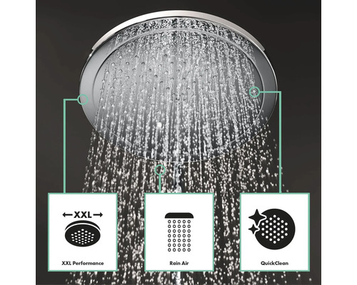 Pomme de douche avec performance XXL, fonction Rain Air et fonction Quick Clean